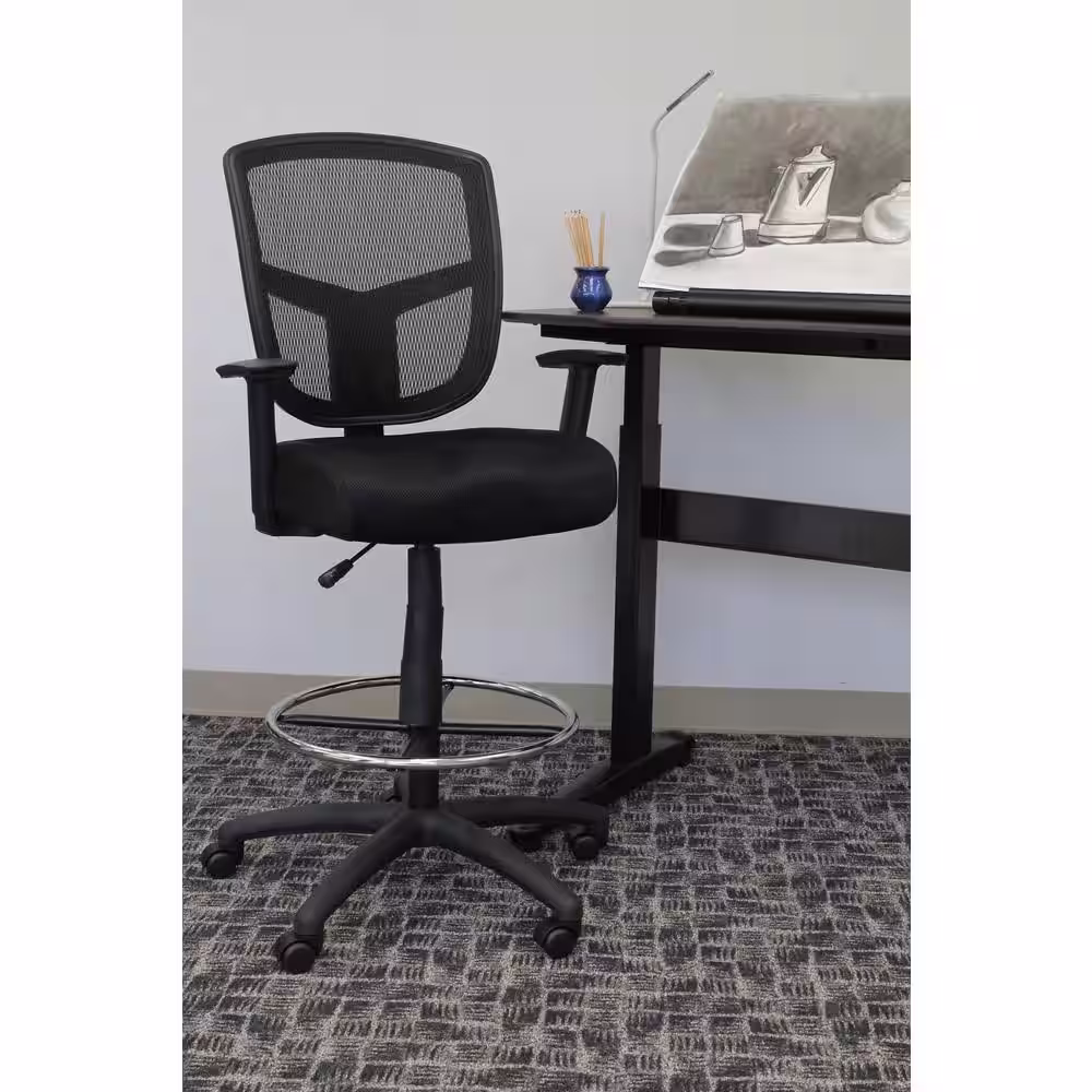 BOSS Office Products Black Mesh Drafting Chair with Adjustable Arms