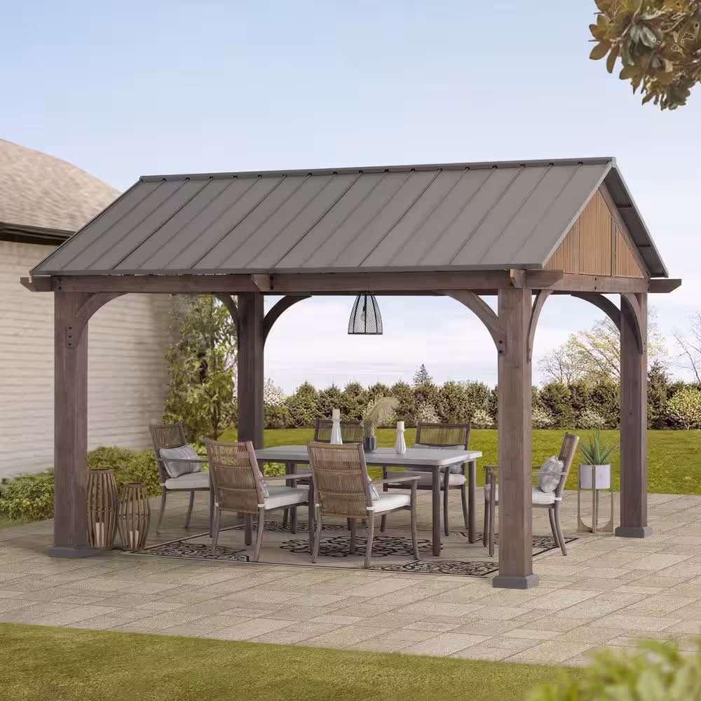 Sunjoy SummerCove Maple 12 ft. x 14 ft. Cedar Framed Gazebo with Brown Steel Hardtop Roof
