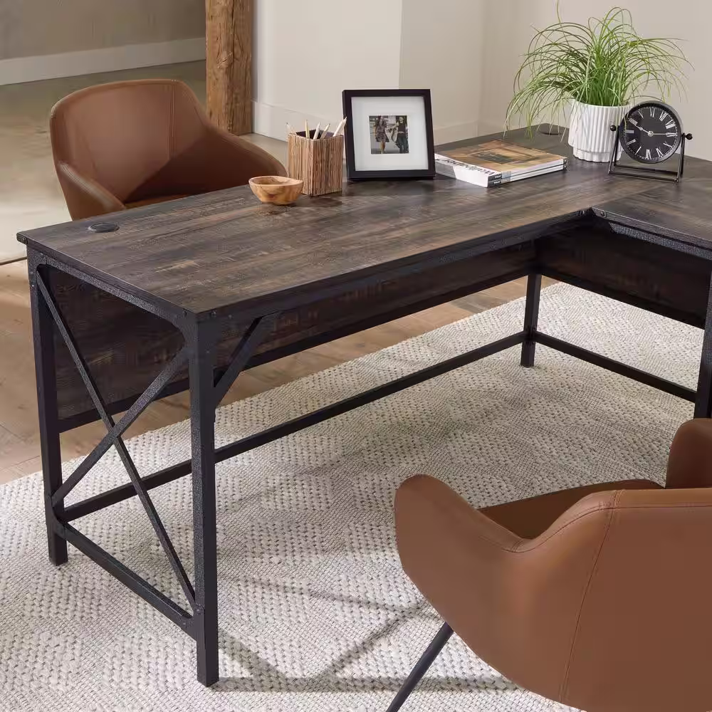 SAUDER Steel River 66.063 in. Engineered Wood 3-Drawer L-Shaped Carbon Oak Computer Desk with Metal Frame