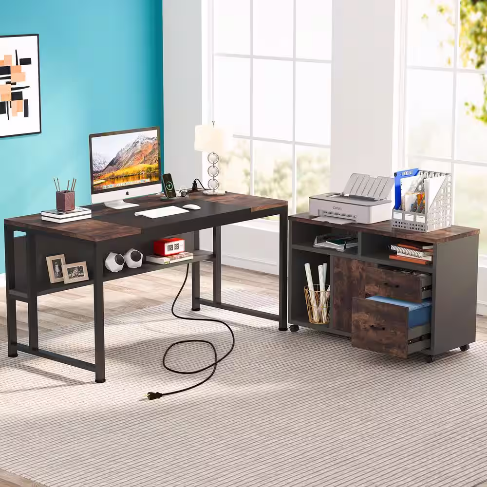None Lantz 55.1 in. L-Shaped Desk Brown Engineered Wood 2-Drawers Executive Desk with File Cabinet