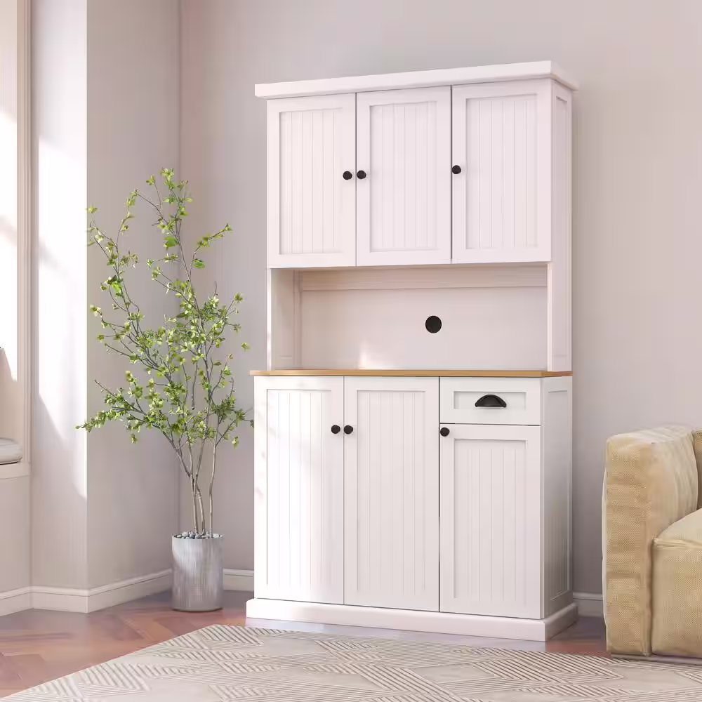 None White MDF Wood 39.76 in. Buffet with Hutch, Kitchen Storage Cabinet, Sideboard with Wide Countertop