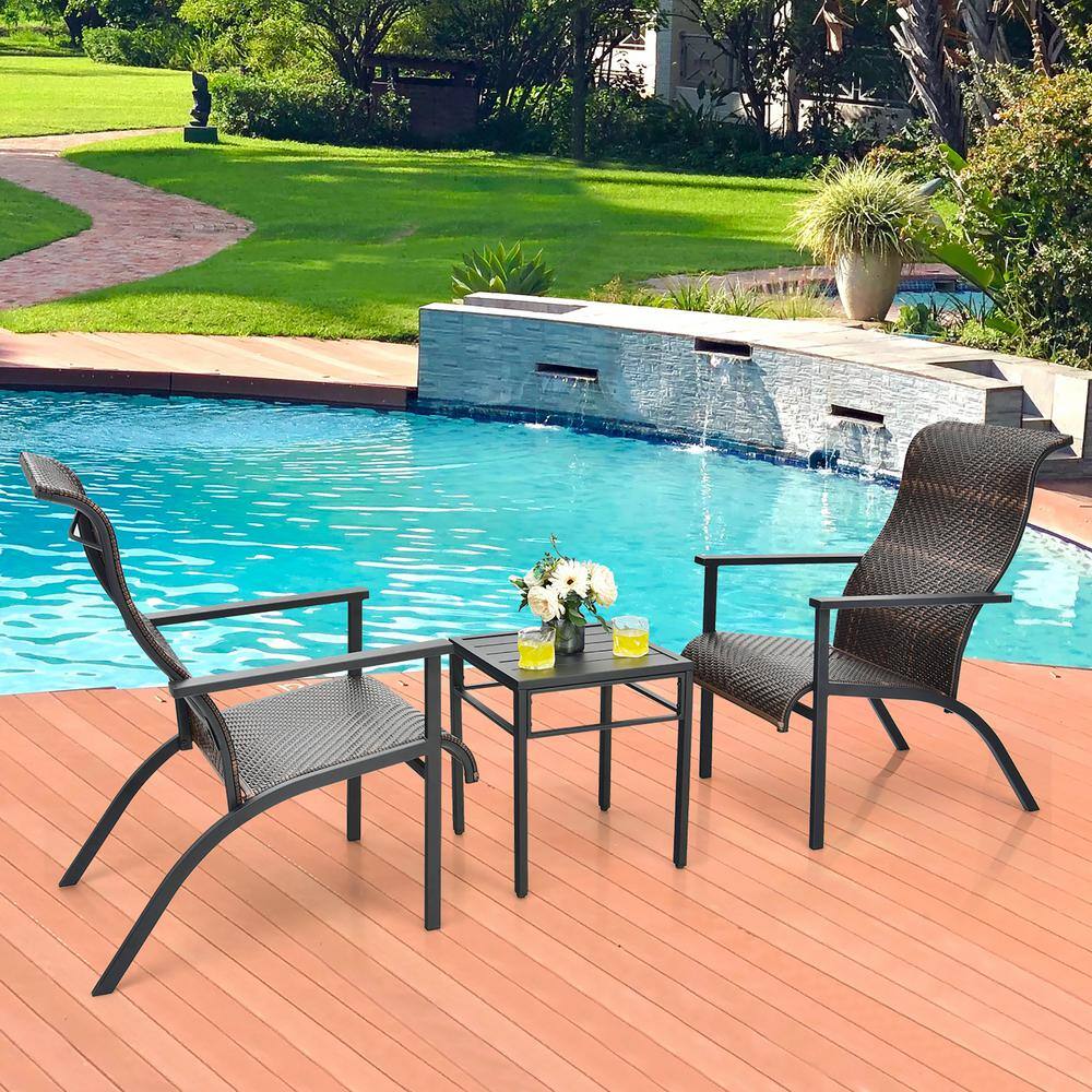 Costway 3 -Piece Patio Rattan Bistro Set High Backrest Armrest SideTable Mix Brown