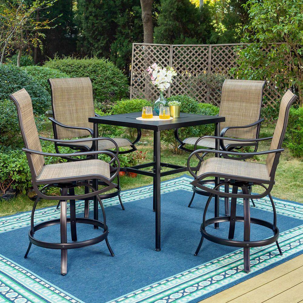 None 5-Piece Metal Outdoor Bar Height Dining Set with Straight-Leg Square Table and Textilene Swivel Bar Stools