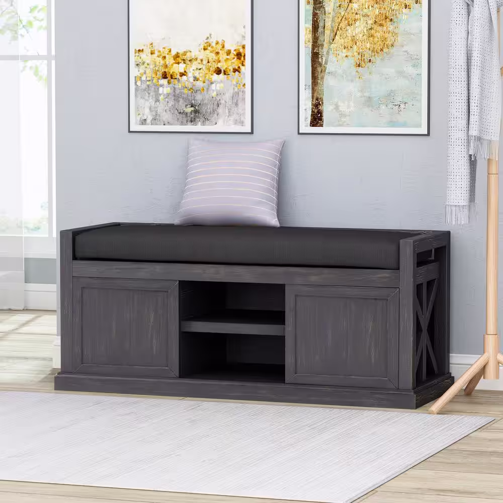 Noble House Cantebella Black Bench with Upholstered (19 in. x 43.25 in. x 15.75 in.)