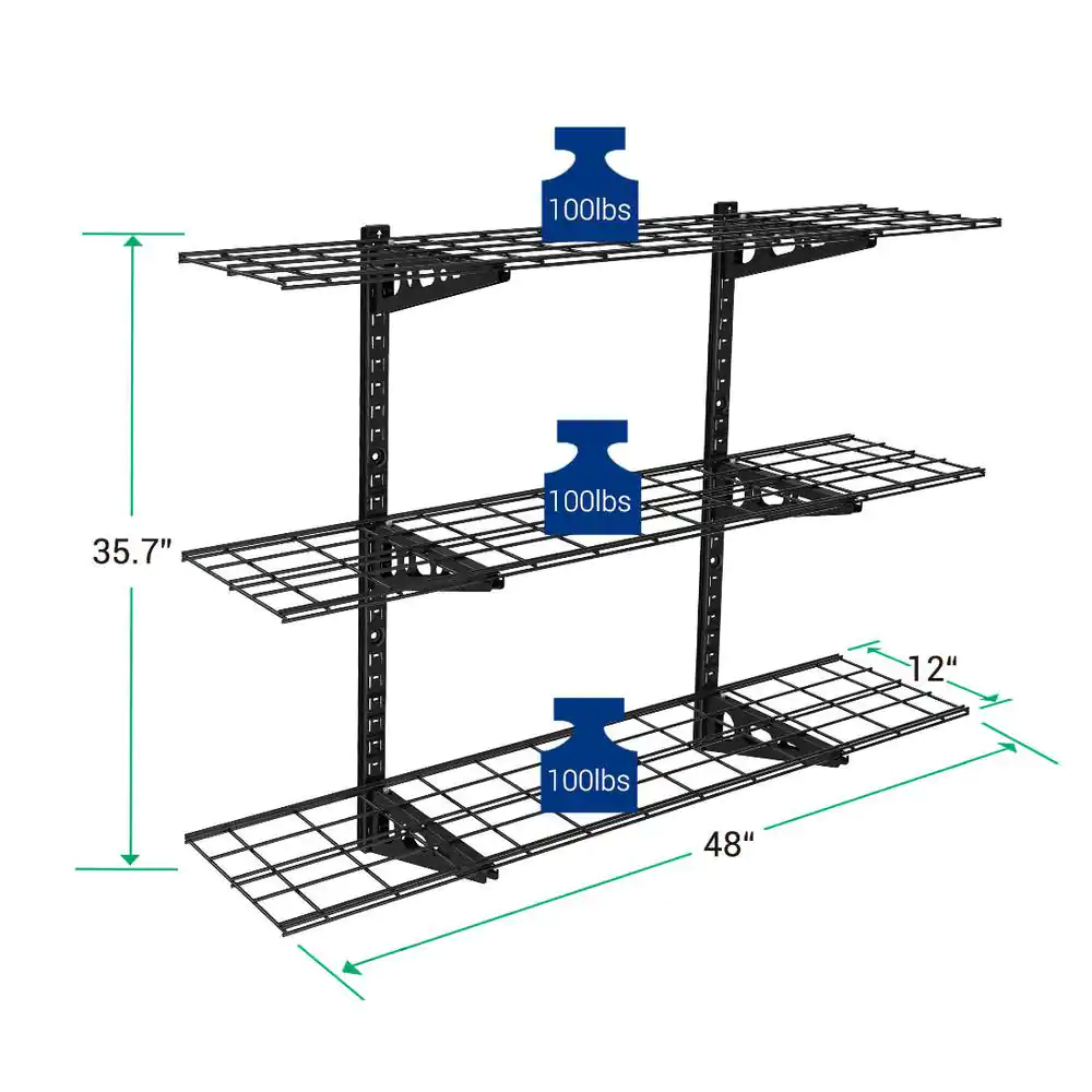 FLEXIMOUNTS 12 in. x 48 in. 3-Tier Adjustable Steel Garage Wall Shelf in Black