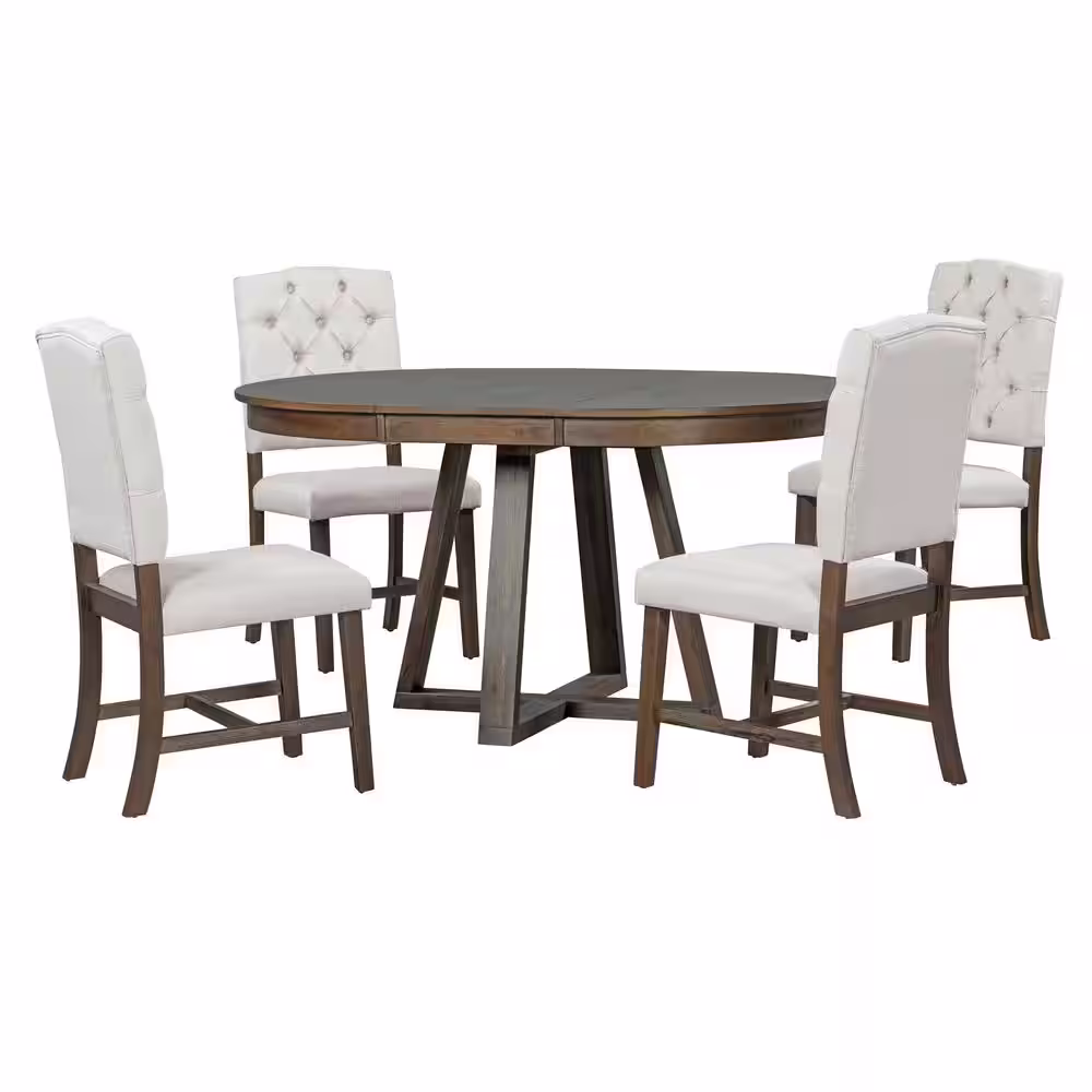 Harper & Bright Designs Retro 5-Piece Walnut Round Wood Dining Set with a 16 in. W Leaf and 4-Botton Tufted Upholstered Chairs