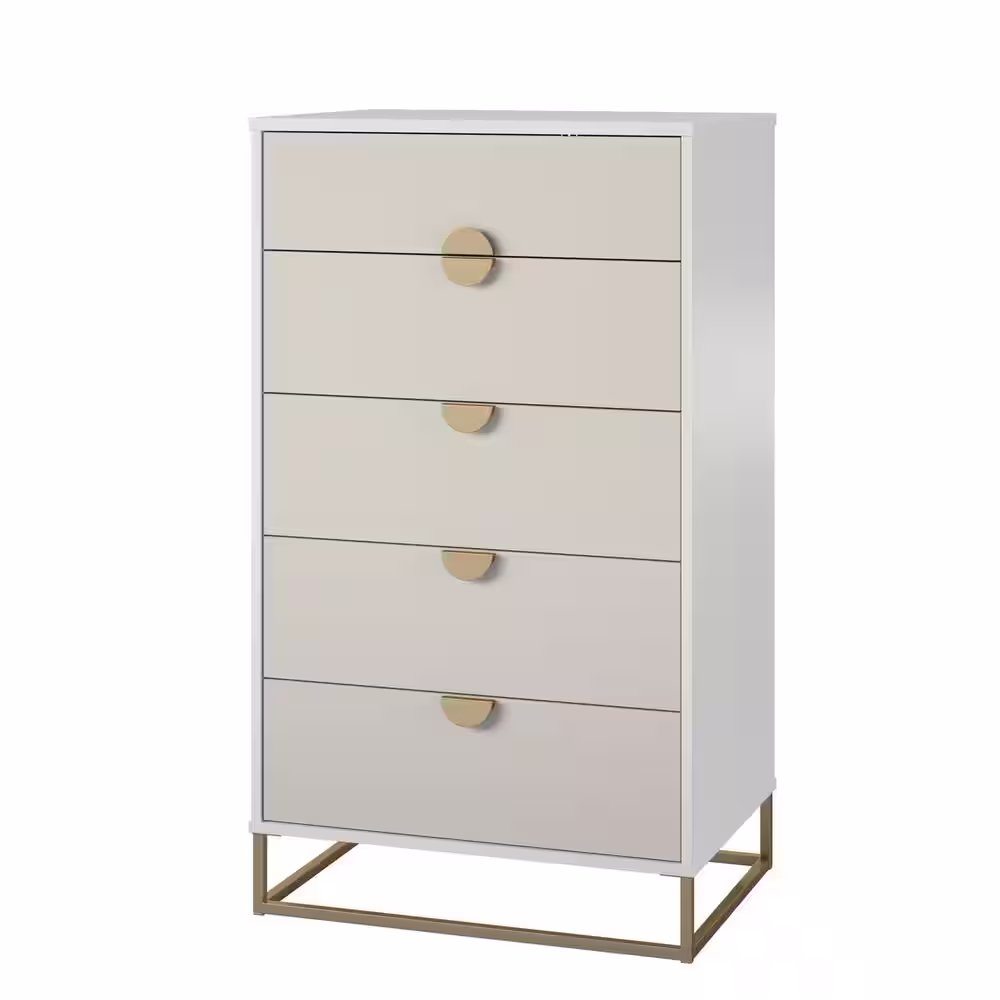 Novogratz Kelly Dresser 5-Wood Drawer, White/Taupe (47 in. H x 27 in. W x 20 in. D)