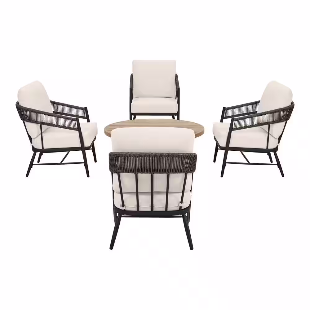 Hampton Bay Aspenwood 5-Piece Wicker Patio Chat Set with White Cushion