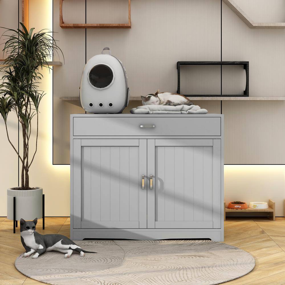 None Litter Box Enclosure Cat Litter Box Furniture with Hidden Plug 2 Doors Cat Washroom Storage Bench Side Table in Gray