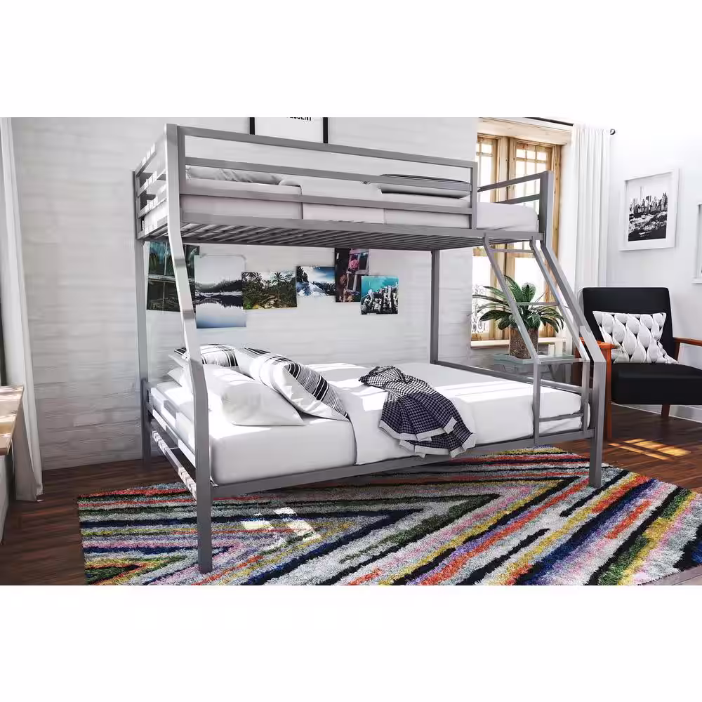 Novogratz Maxwell Twin-Over-Full Metal Gray Bunk Bed with Ladder and Guardrails