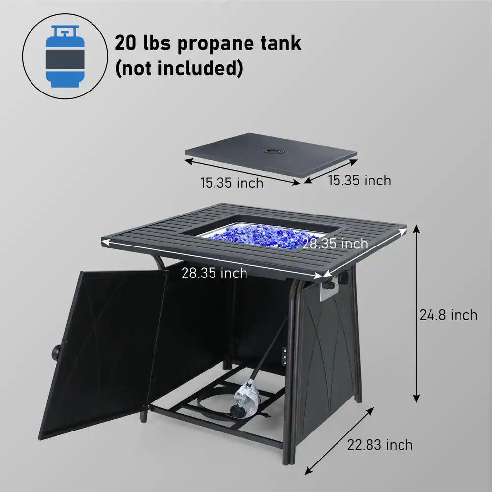 None 28.3 in. x 24.8 in. 50,000 BTU Square Metal Gas Fire Pit Table with Lid and Blue Fire Glass