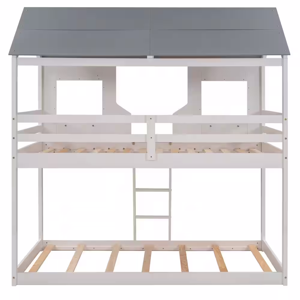 Harper & Bright Designs White Twin Over Twin Wood House Bunk Bed with Roof and Window