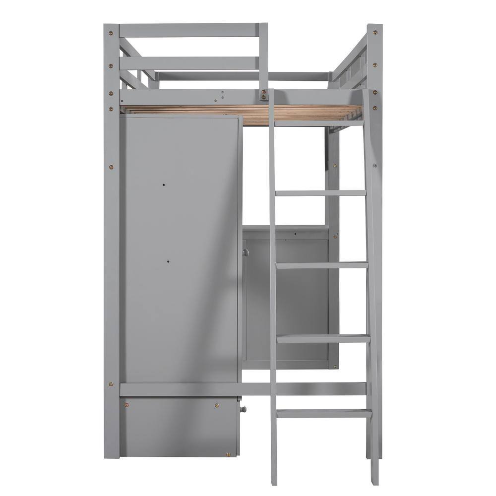 Harper & Bright Designs Gray Twin Loft Bed with Wardrobe, 7-Drawers and Attached Desk with Shelves