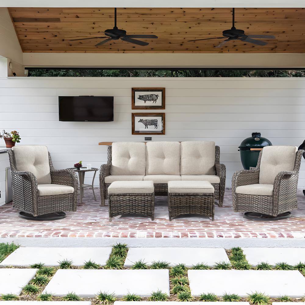 None 6-Piece Wicker Outdoor Patio Seating Set Sectional Sofa with Swivel Rocking Chair, Ottomans and Beige Cushions