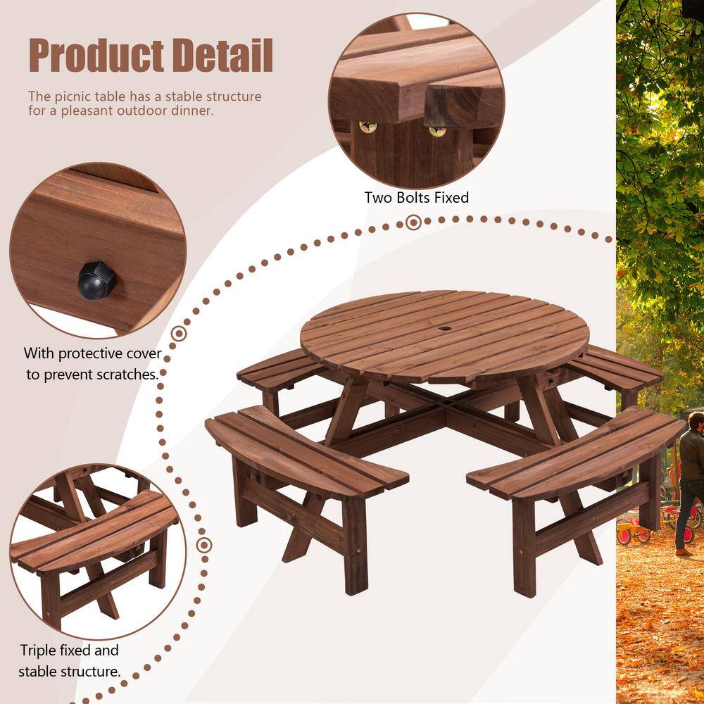 None 70.07 in. Brown Round Wood Picnic Table Seats 8-People with 4 Built-in Benches