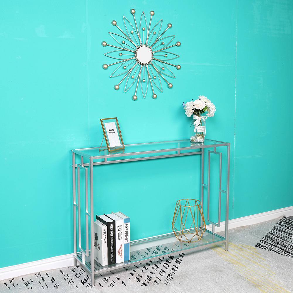 None 40.16 in. Standard Rectangle Silver FCH Toughened Glass Panel Console Table with Shelves
