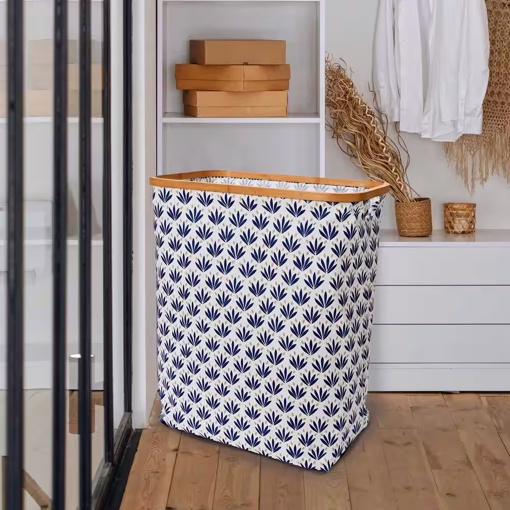 HOUSEHOLD ESSENTIALS Bamboo Rim Rectangle Krush Hamper, Blue Cacti