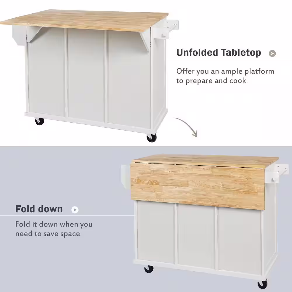 None White Foldable Rubber Wood Drop-Leaf Countertop 53.1 in. W Kitchen Island on Wheels with Storage Cabinet