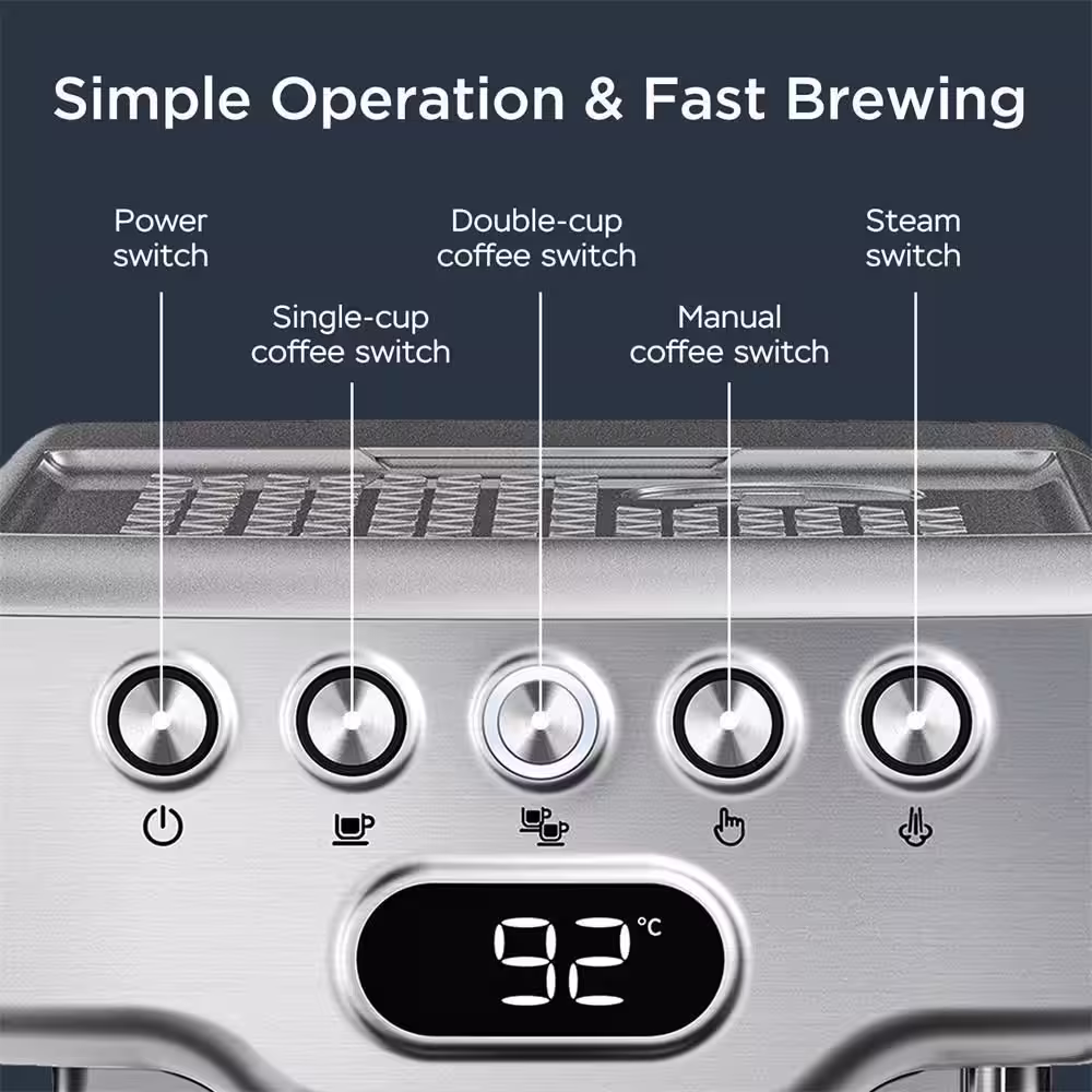None 2- Cup Silver 20 Bar Espresso Machine with Milk Frother, 1.8L Water Tank, Stainless Steel