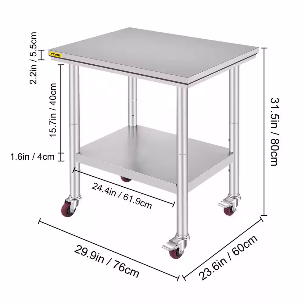 VEVOR Commercial Prep Table 29.9 x 23.6 in. Stainless Steel Table with Casters Kitchen Utility Table for Restaurant,Silver