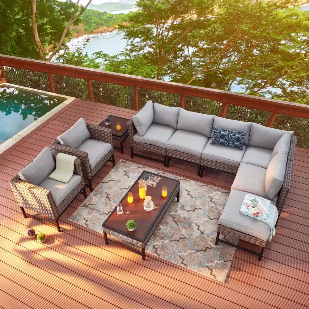 Patio Festival Right-Angle 10-Piece Wicker Patio Conversation Seating Set with Gray Cushions