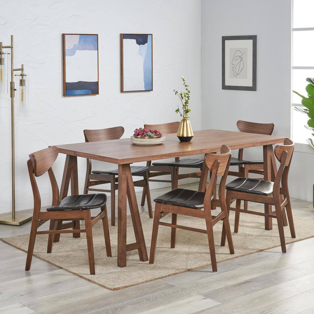 Noble House Anise 7-Piece Rectangle Wood Top Dark Brown and Walnut Standard Height Table Set