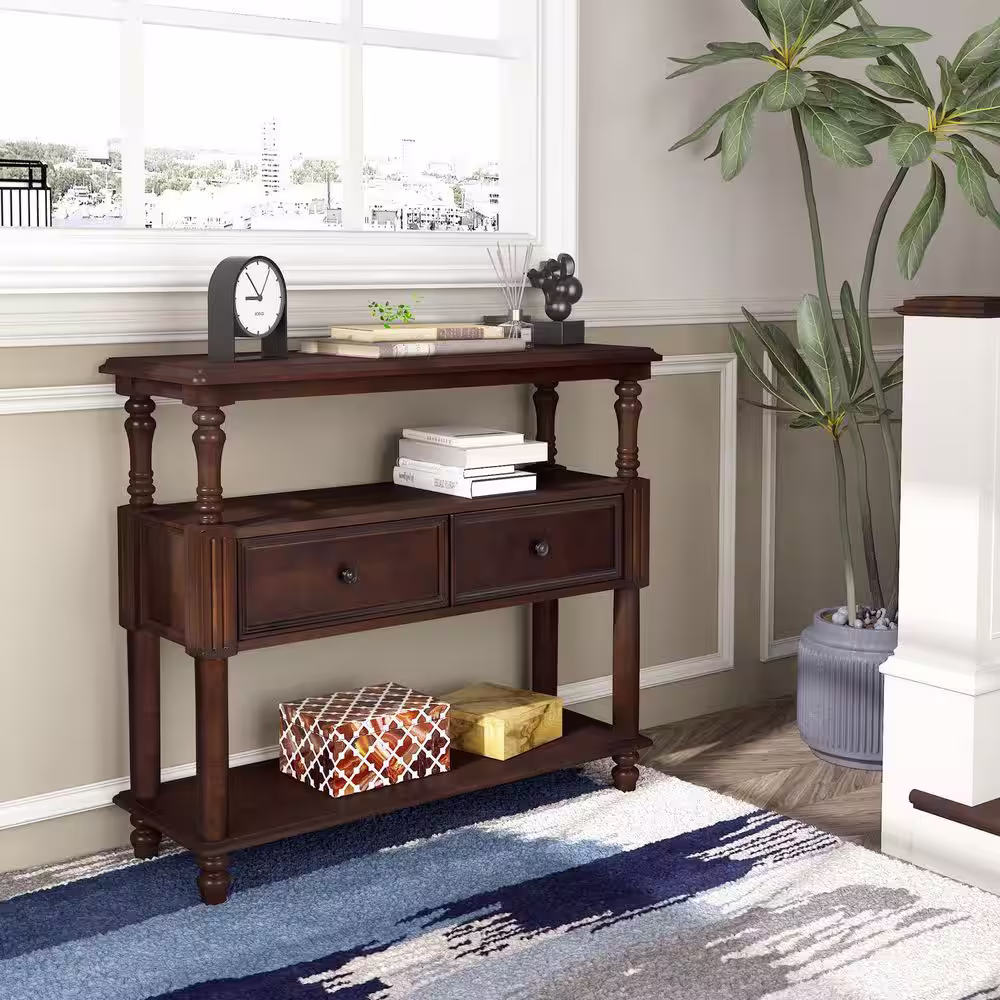 None Lyting 39.4 in. Brown Rectangle Wood Console Table with 2-Drawers