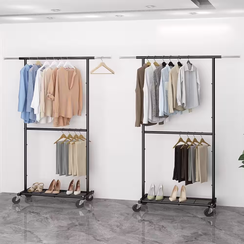 None Black Metal Extendable Garment Clothes Rack 30.5 in. W x 65 in. H