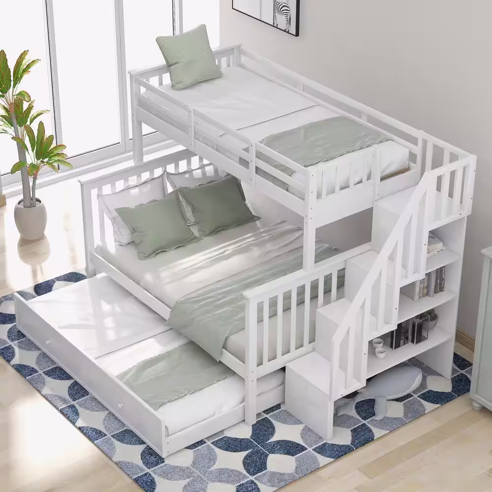 None White Twin Over Full Bunk Bed with Twin Trundle and Bookshelves, Solid Wood Kids Bunk Bed Frame with Staircases