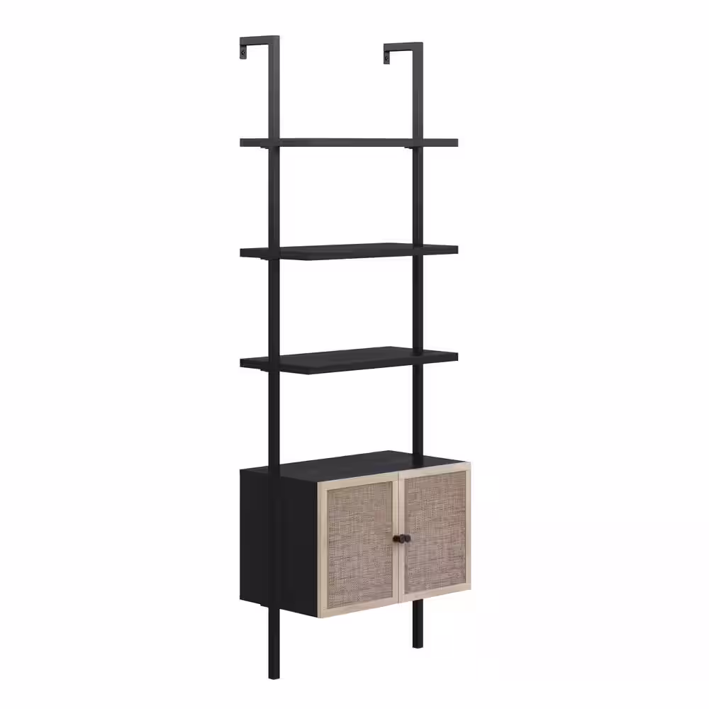 Nathan James Theo 73 in. H 24 in. W Modern Bookcase with Rattan Cabinet in Matte Black and Light Oak with Metal Frame for Living Room