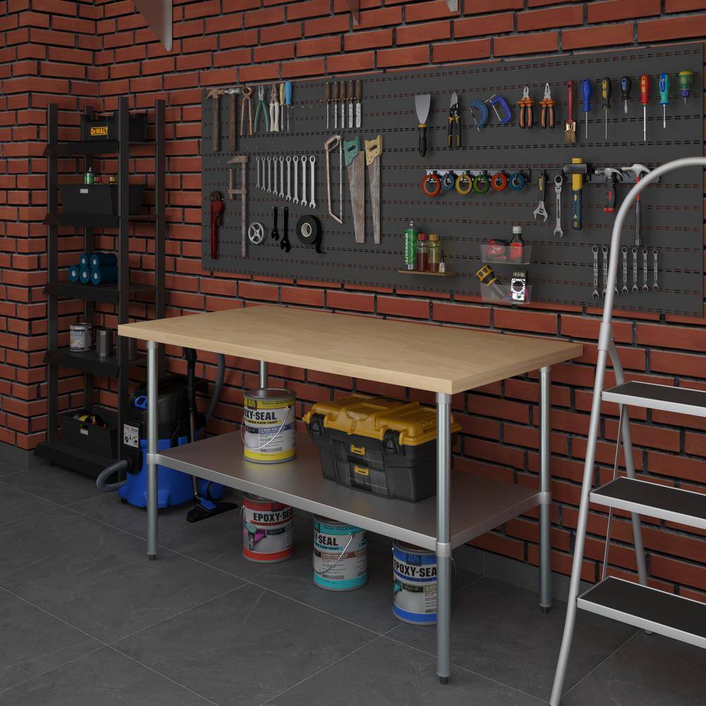 None Maple Wood Top 30  in.. x 60  in.. Kitchen Prep Table with Adjustable Bottom Shelf