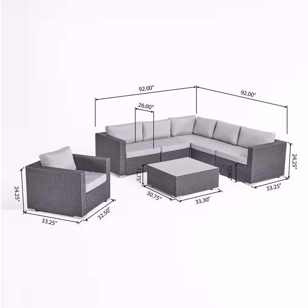 Noble House Santa Rosa Grey 7-Piece Faux Rattan Patio Conversation Sectional Seating Set with Sunbrella Canvas Granite Cushions
