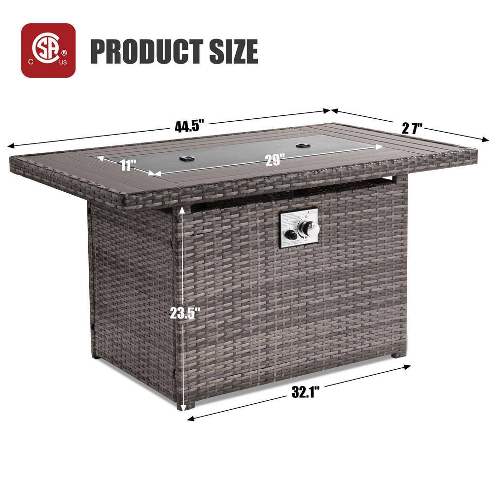 None 44 in. 50,000 BTU Rectangular Gray Wicker Outdoor Fire Pit Table with Rain Cover Propane Gas