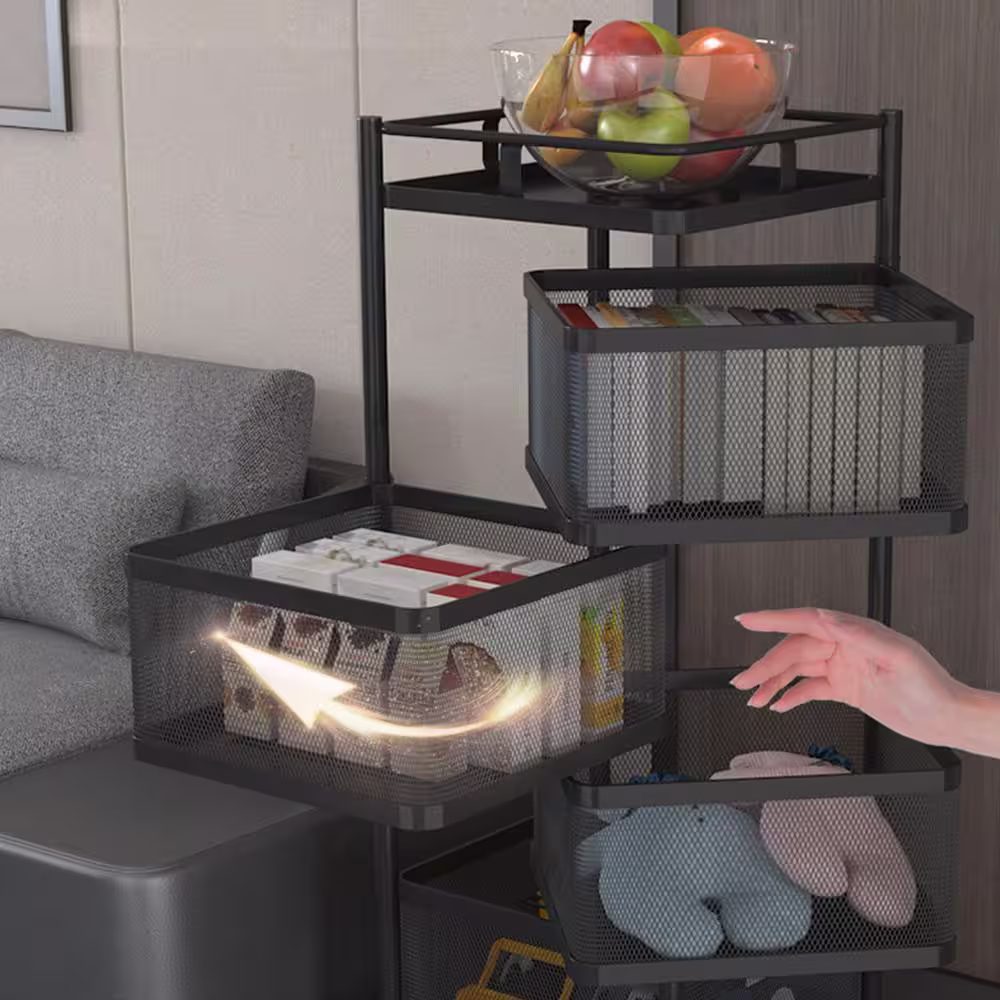 None Black Rolling 4-Tier Rotatable Square Carbon Steel Storage Basket Shelving Unit (10.4 in. W x 31.4 in. H x 10.4 in. D)