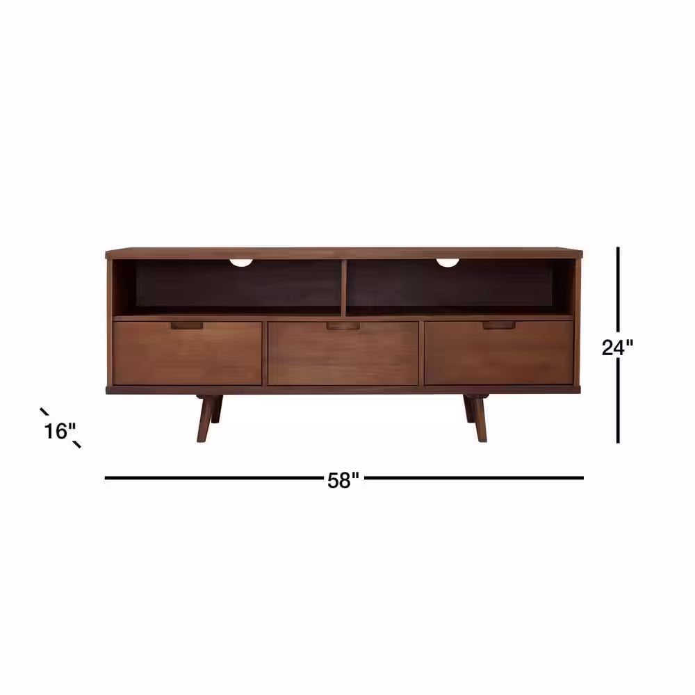 Walker Edison Furniture Company Ivy 58 in. Walnut Wood TV Stand with 3 Drawers Fits TVs Up to 64 in. with Cable Management