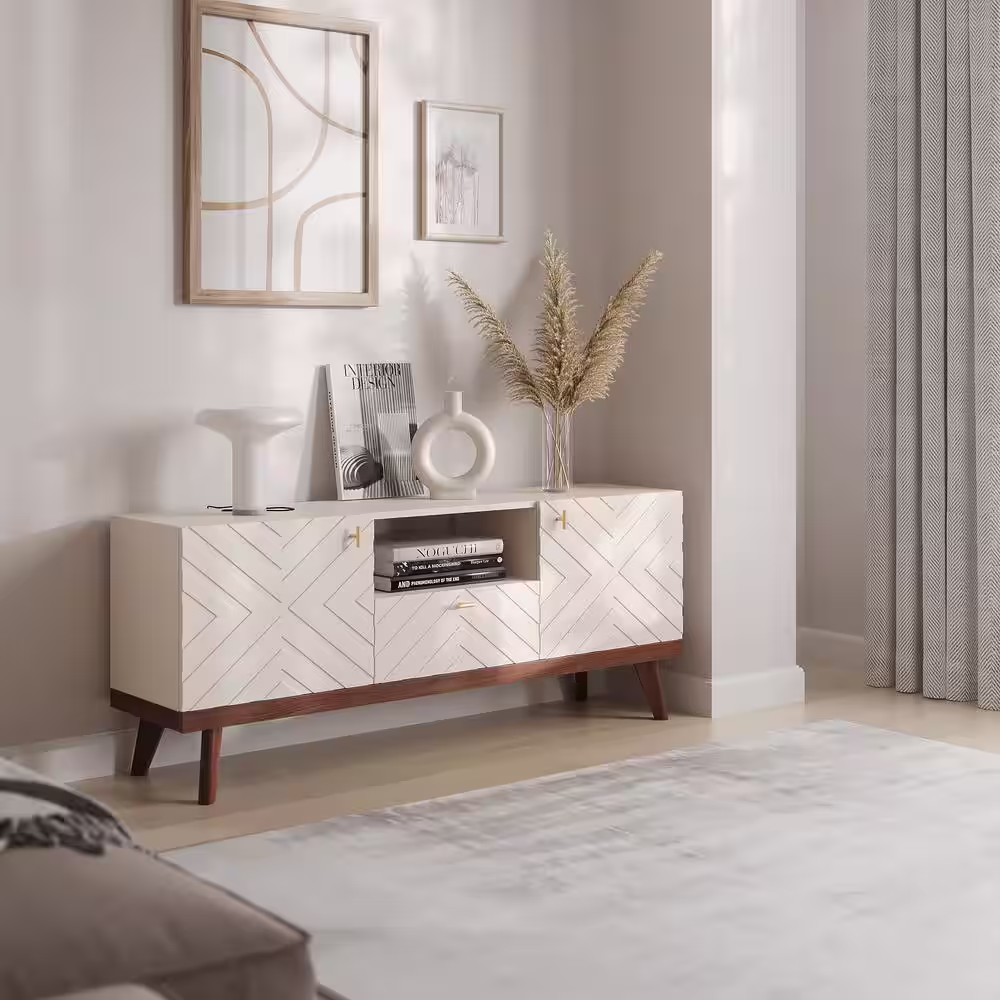 None Alba 59 in. Beige TV Stand with Drawer Fits TV's up to 65 in. with Cable Management and Wood Legs