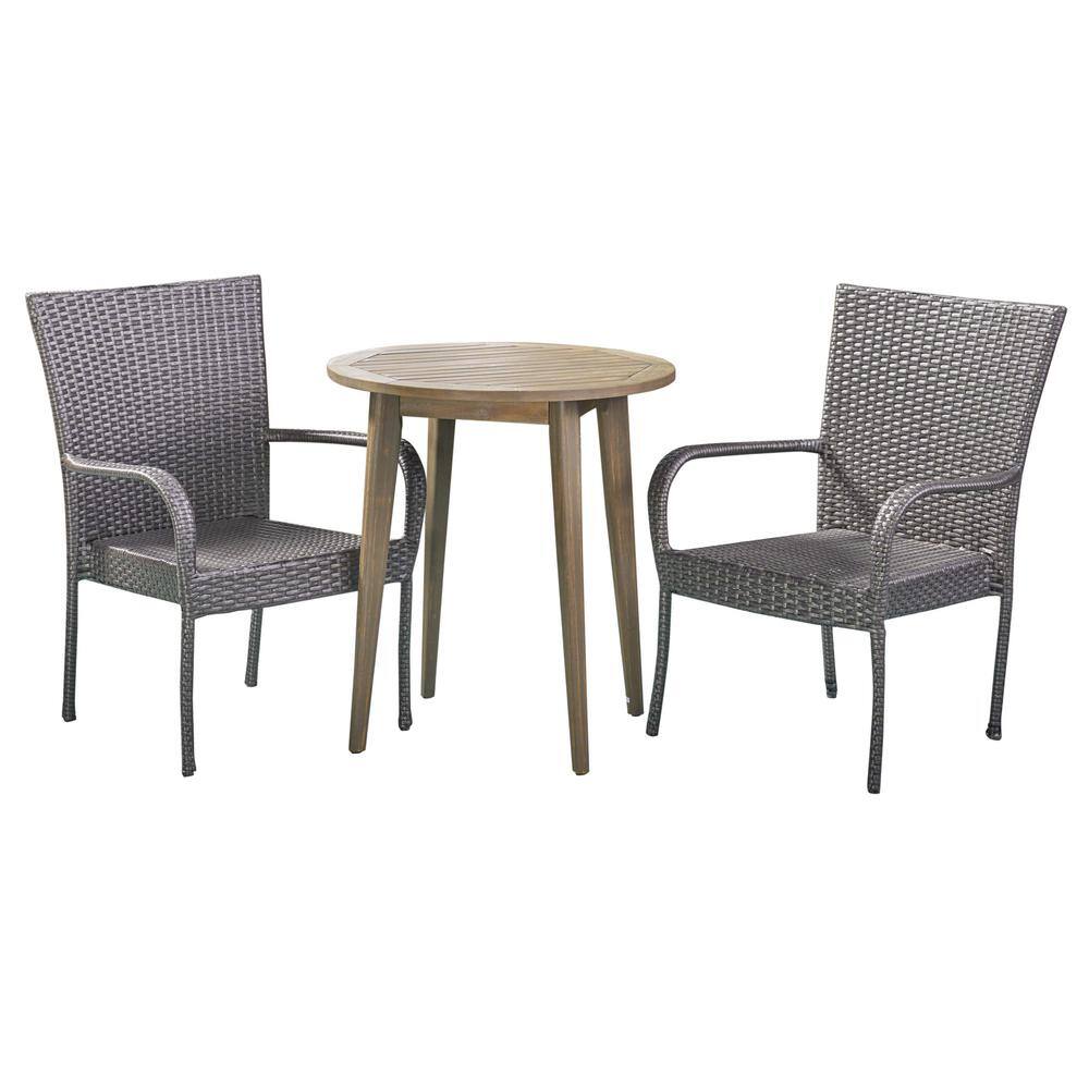 Noble House Linwood Gray 3-Piece Wood and Faux Rattan Outdoor Bistro Set
