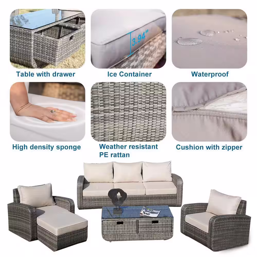 moda furnishings Albright Gray 5-Piece Wicker Patio Conversation Set with Beige Cushions