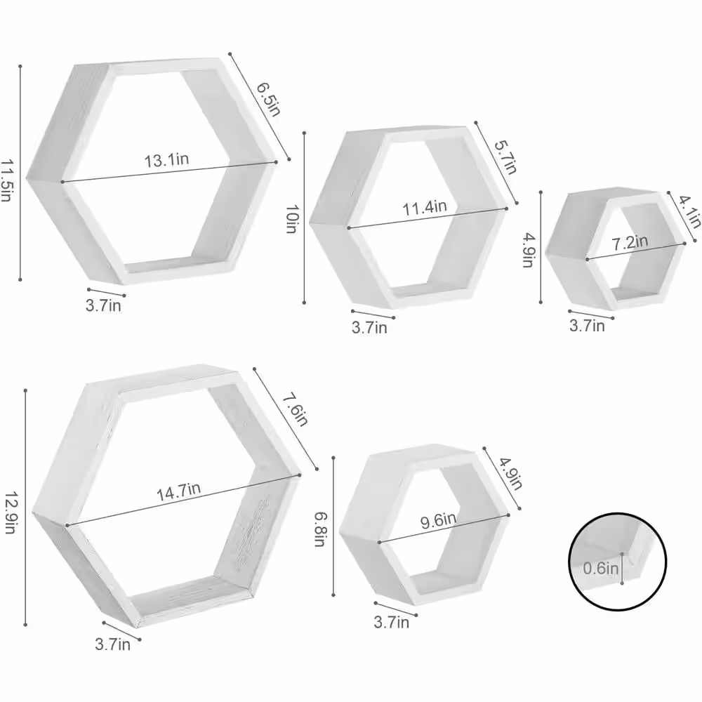 None Hexagon Floating Shelves 5 Different Sizes Honeycomb Shelves for Wall, White