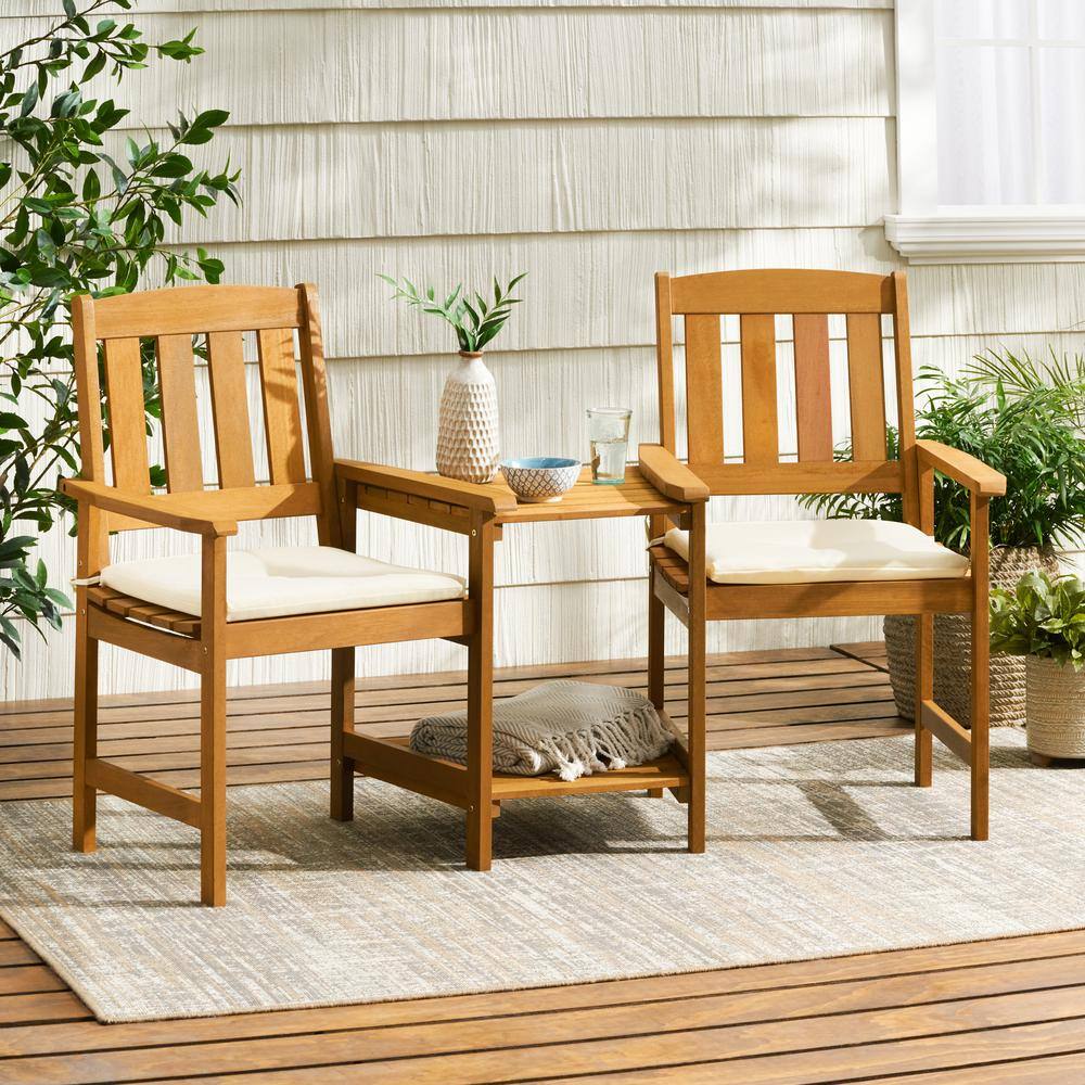 Noble House Cala Cream and Honey Oak 2-Piece Meranti Patio Deep Seating Set with Cream Cushions
