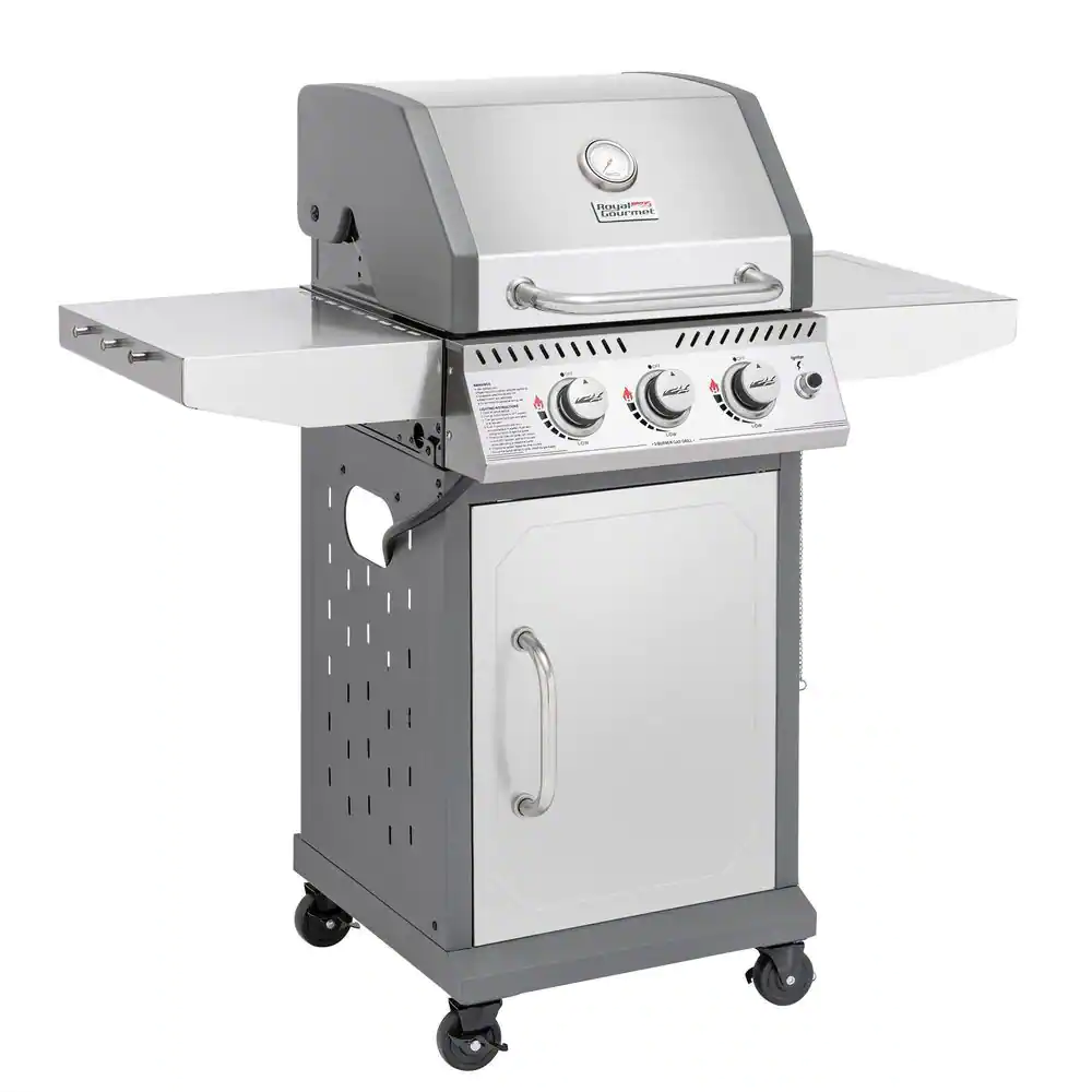 Royal Gourmet Stainless Steel 3-Burner Propane Gas Grill, 25,500 BTU Cabinet Style Cas Grill with Side Tables