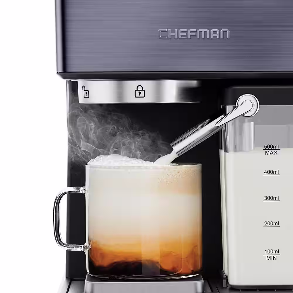 Chefman Espresso Machine, 7.5 Cups, Stainless Steel Black, Digital Barista Pro Plus Espresso Machine with Milk Frother