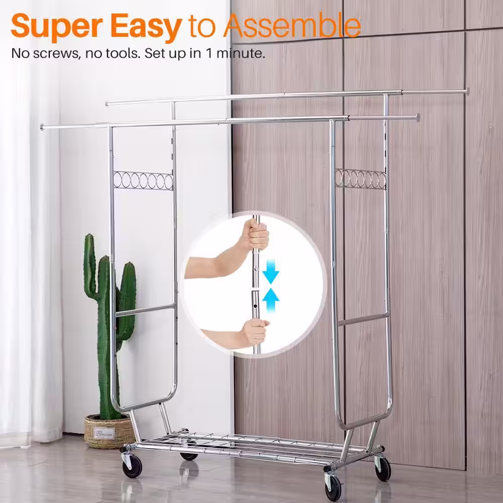 None Chrome Metal Adjustable Garment Clothes Rack 42 in. W x 68 in. H