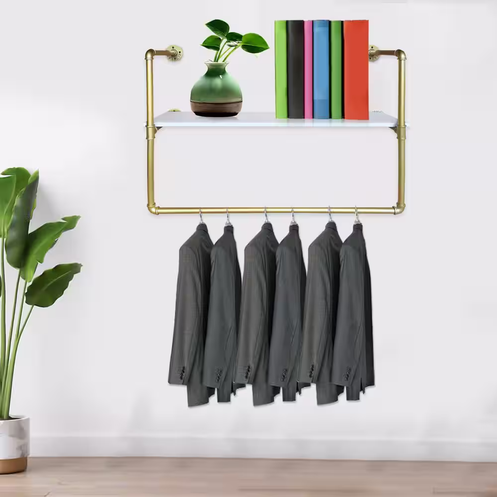 None Gold Iron Wall Mounted Clothes Rack with Shelves 37 in. W x 26.4 in. H
