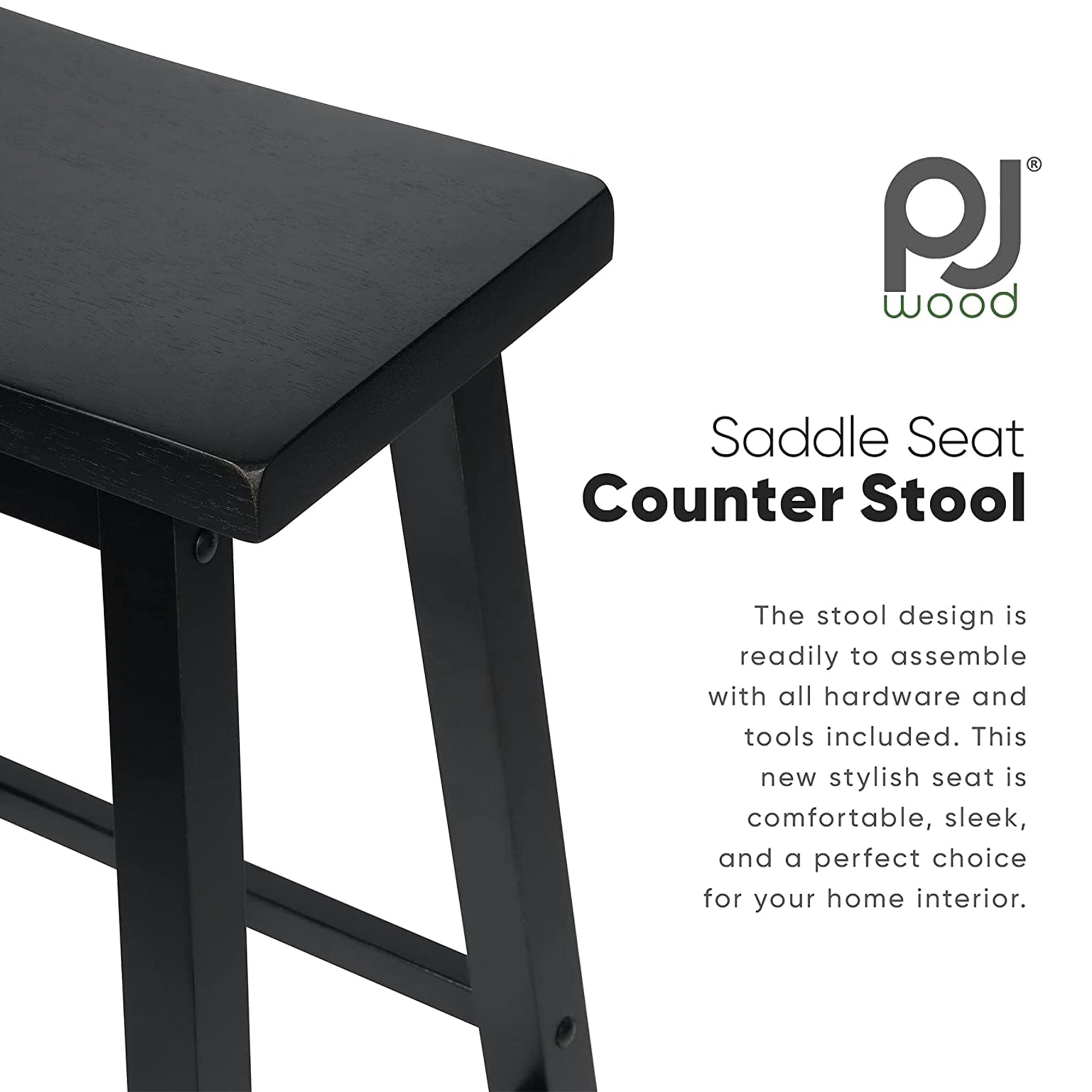 PJ Wood Classic Saddle-Seat 29In Kitchen Counter Stools, Black, Set of 2