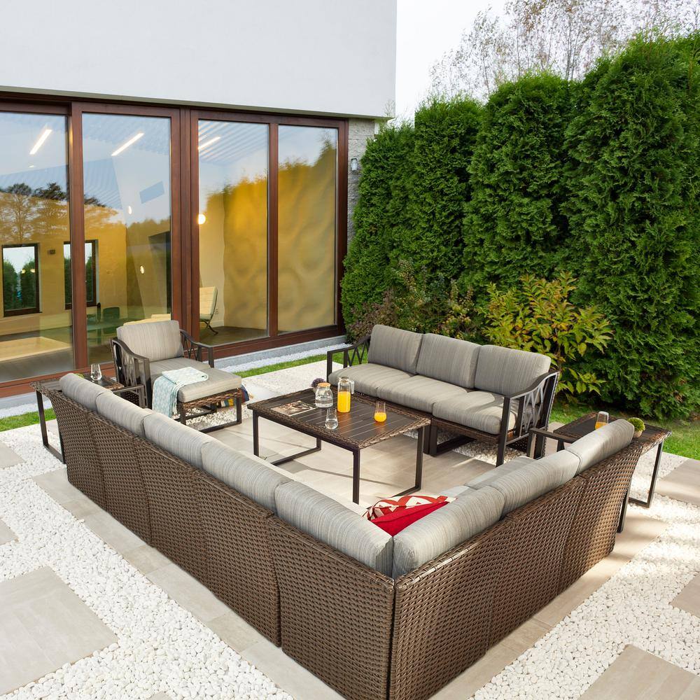 Patio Festival 15-Piece Wicker Patio Conversation Set with Gray Cushion