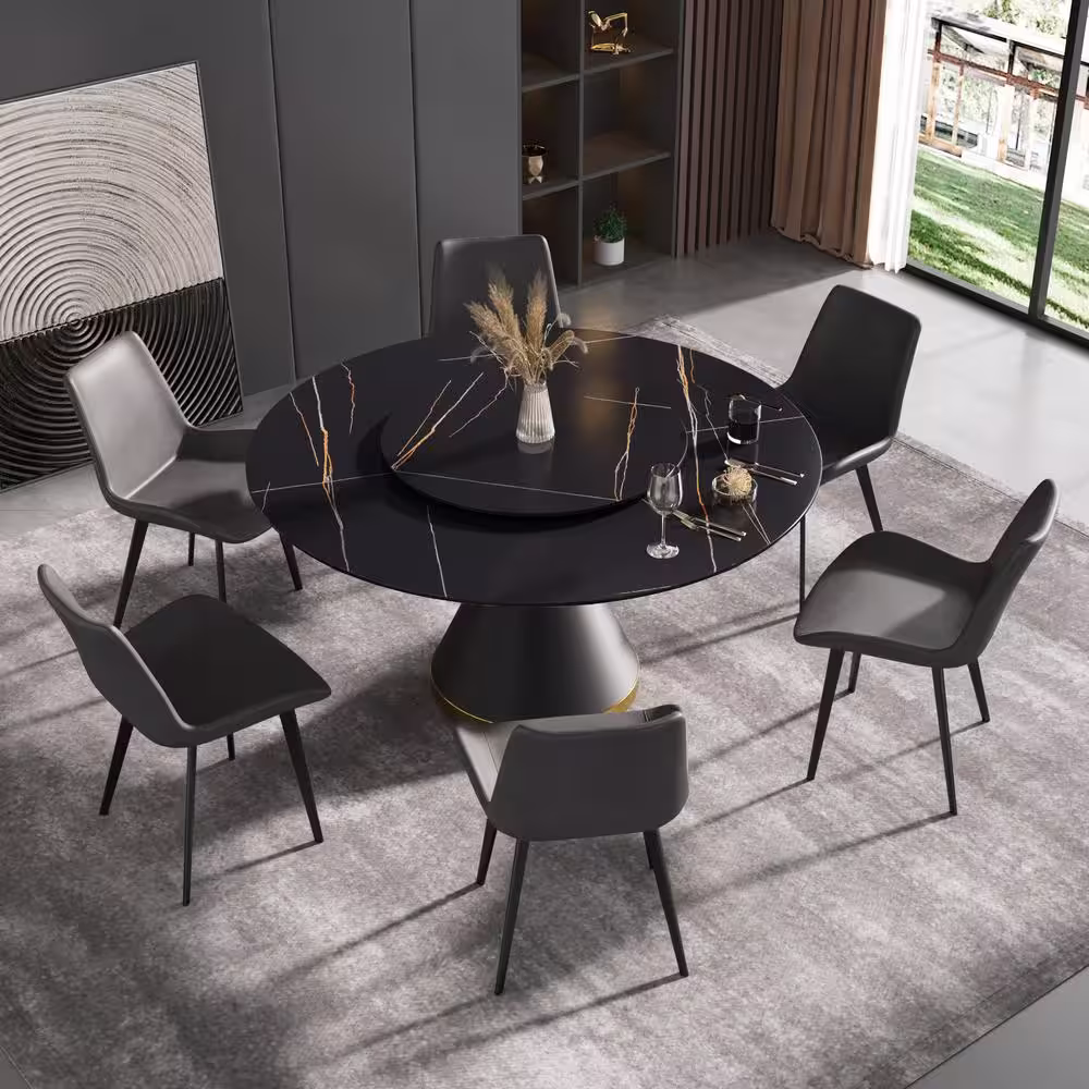 None 59.05 in. Black Modern Round Sintered Stone Tabletop Dining Table with Metal Leather Base (Seats 8)