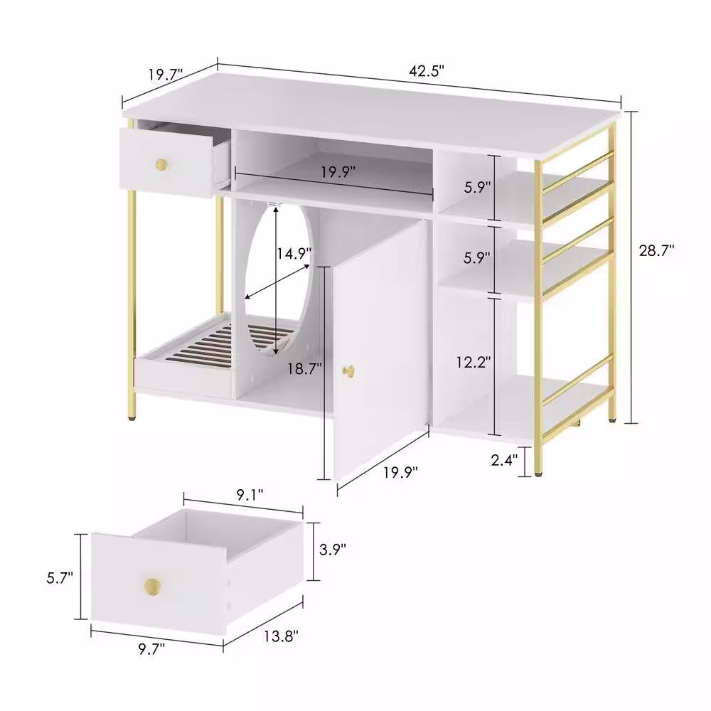 None 6 in 1 White Cat Hidden Litter Box with Drawer and Shelves, Wood Cat Litter Box Enclosure Furniture with Litter Catcher
