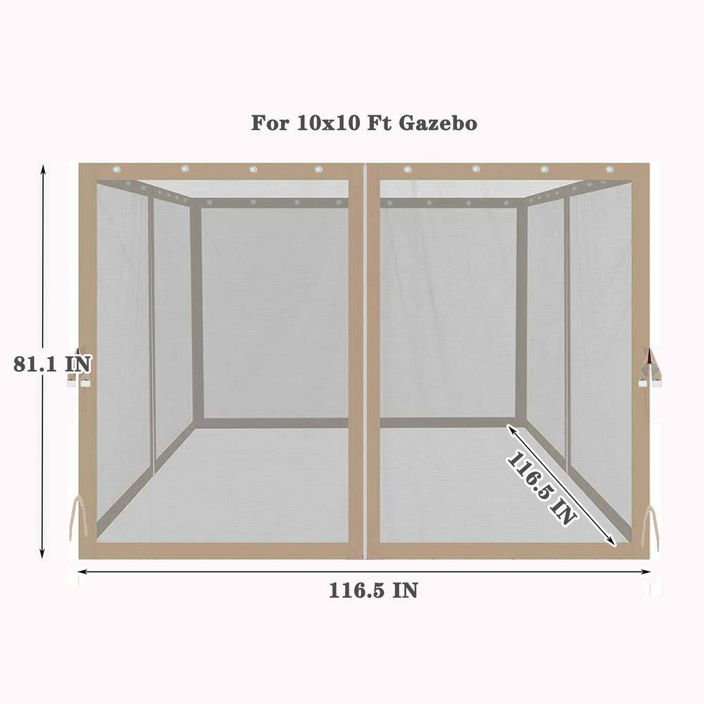 None 10 ft. x 10 ft. Beige Gazebo Replacement Mosquito Netting with Zippers; 4-Side Mesh Walls for Patio Gazebos