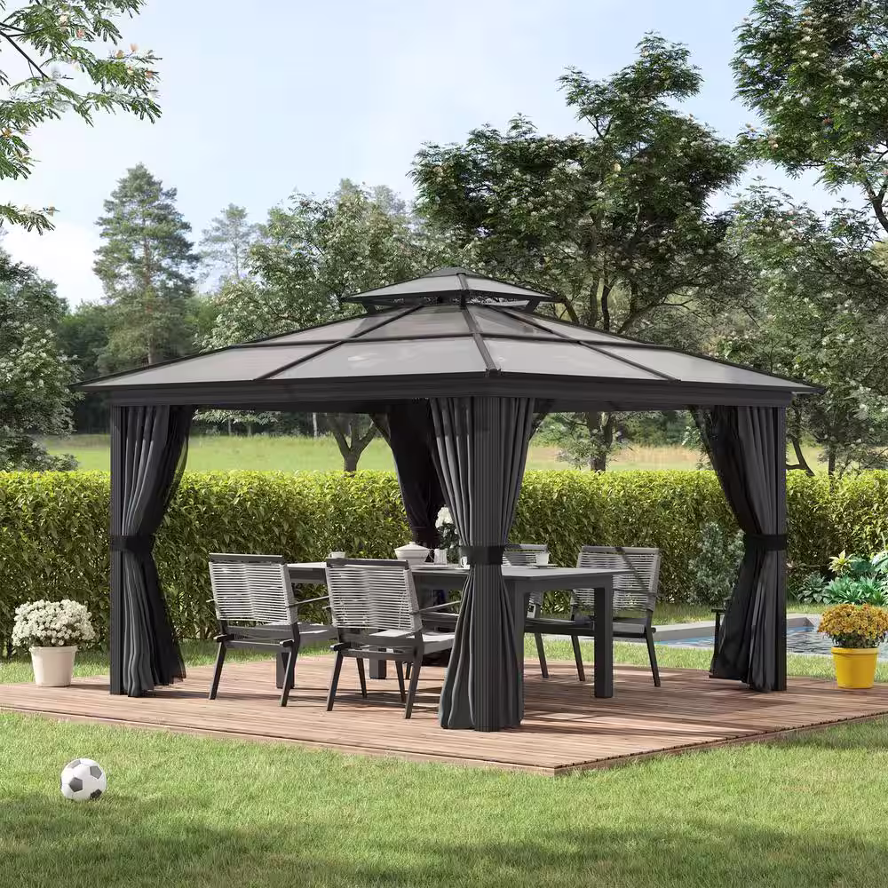 Outsunny 10 ft. x 10 ft. Grey Hardtop Gazebo Outdoor Polycarbonate Canopy Aluminum Frame Pergola